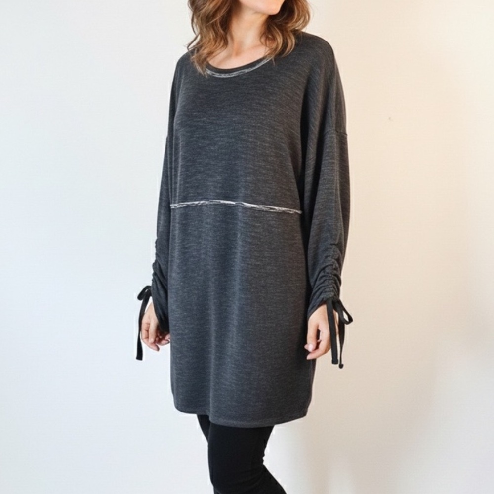 MAX STUDIO Heathered Grey French Terry Tunic Cinch Sleeve Mini Dress Raw Hem XL